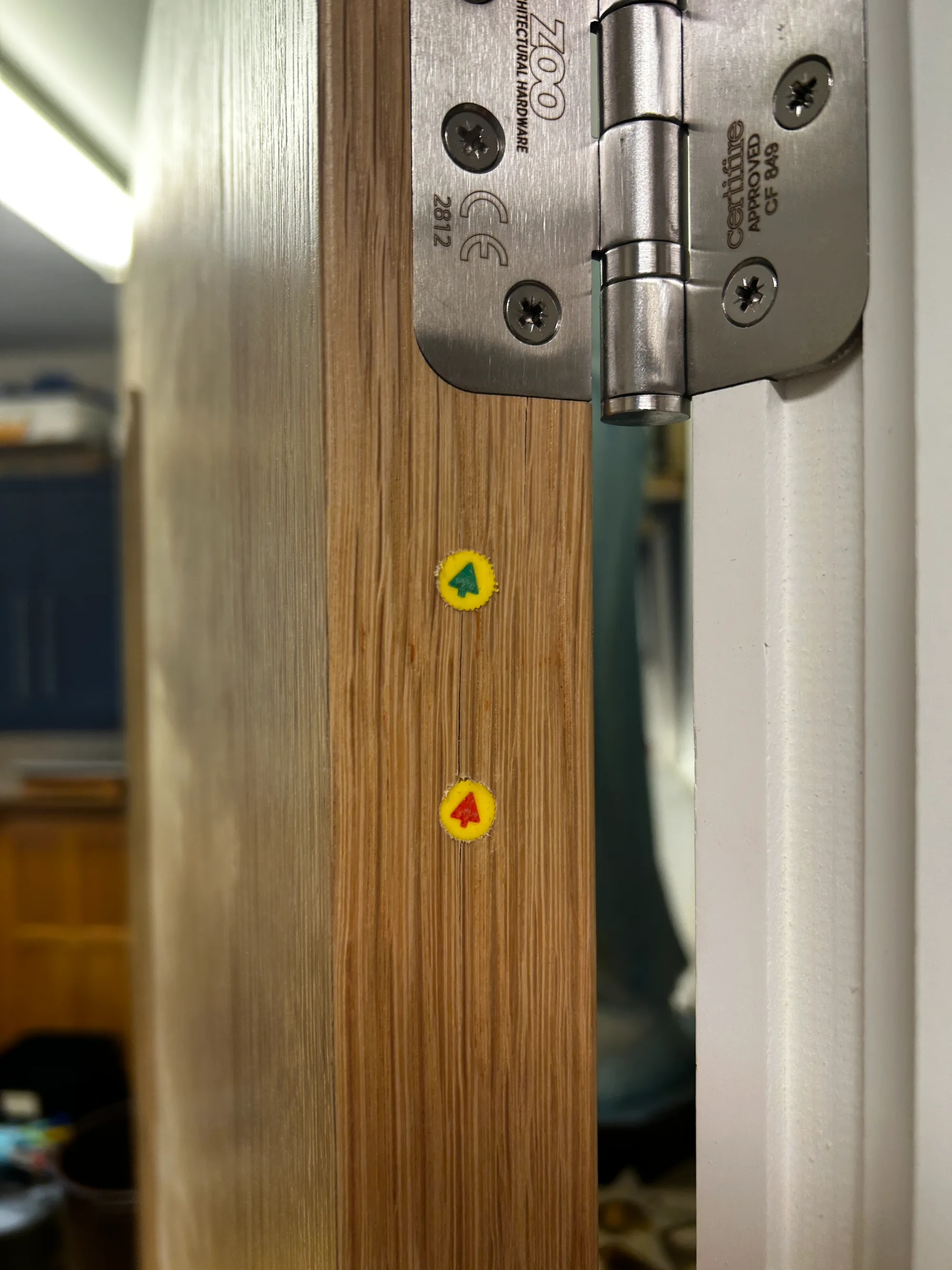 Modern office corridor with glazed partitions and a dark fire door